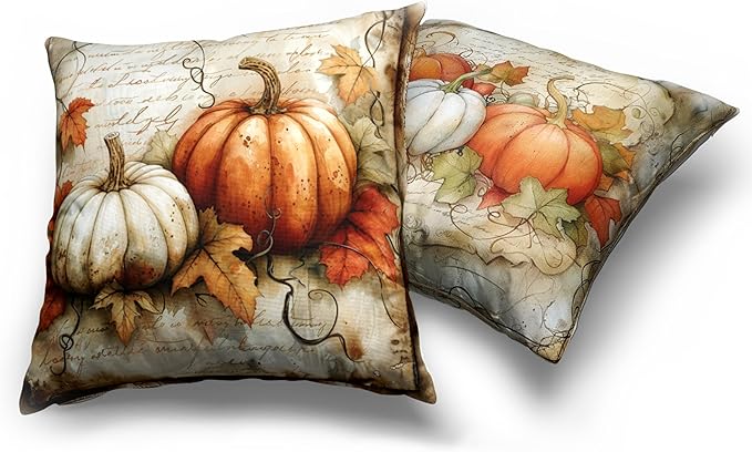 2 Pack Fall Outdoor Pillow Covers 24x24 Watercolor White Orange Pumpkin with Maple Leaves Decorative Pillow Case for Couch Patio Bench Autumn Vintage Cushion Case
