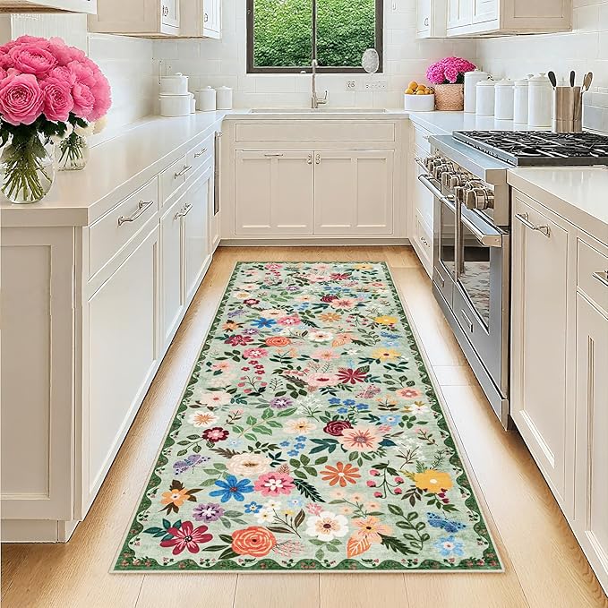 Runner Rug for Entryway: 2x5 Kitchen Rugs Non Slip Washable Ultra-Thin Soft Floral Carpet Indoor Floor Stain Resistant Carpets for Hallway Bedroom Kitchen Laundry Bathroom Dorm Green