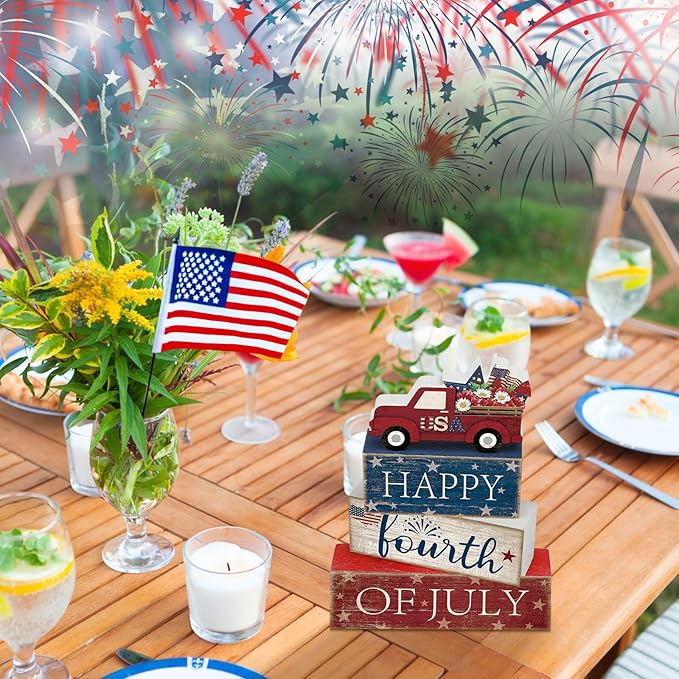 CroBlissful 4 Pcs 4th of July Decorations Patriotic Memorial Day Tabletop Decoration Wooden Star Block Signs Red White Blue Centerpieces 250th Anniversary for Office Tiered Tray Home Shelf