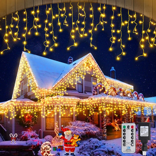 Christmas Icicle Lights Outdoor Decorations 1008 LED 98.4 FT Icicle String Lights with 189 Drops, 8 Modes Curtain Fairy Icicle Lights for Christmas Wedding Party Eaves Patio Yard (Warm White)