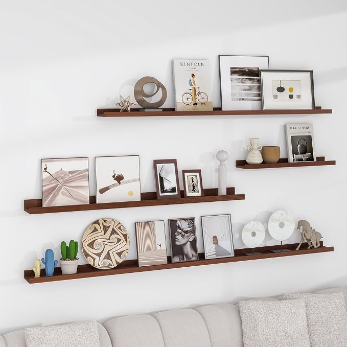 FLYJOE Picture Ledge Shelf for Wall, 24 inch Solid Ash Wood Nursery Book Shelves 2 Packs, Floating Shelves for Kids' Room Bedroom Bathroom Living Room Photo Frames Office Nursey Wall Decor, Walnut