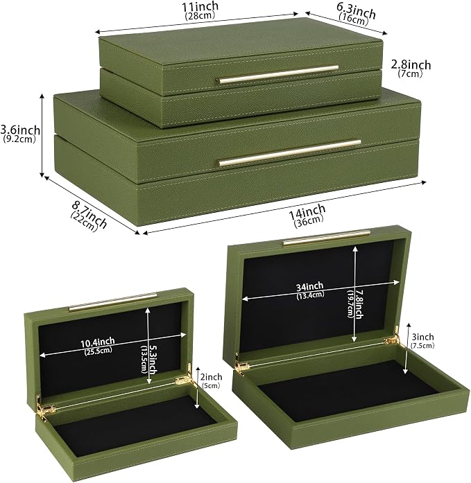 HofferRuffer Faux Leather Decorative Boxes Set of 2, Large Nesting Keepsake Box Accessory Organizer Jewelry Organizer with Hinged Lid, Stacking Storage Box Container for Home or Office (Green)