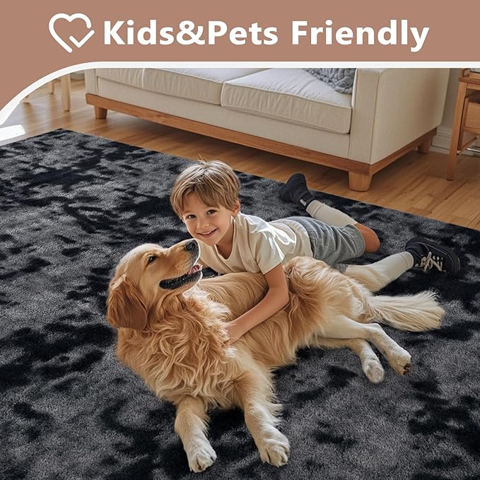 FinRèc 5x7 Washable Area Rugs for Bedroom Living Room, Low Pile Thin Ultra Soft Shag Rug, Non-Slip Carpet Indoor for Home Decor (Tie-dye Dark Grey)