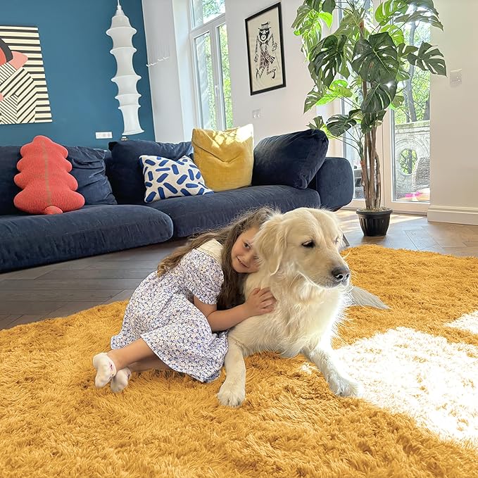 OLANLY 6x9 Machine Washable Large Area Rugs for Living Room, Bedroom, Soft Fluffy Shaggy Bedside Rug, Indoor Floor Carpet for Kids Girls and Boys, Dorms, Nursery, Home Decor Aesthetic, Mustard Yellow