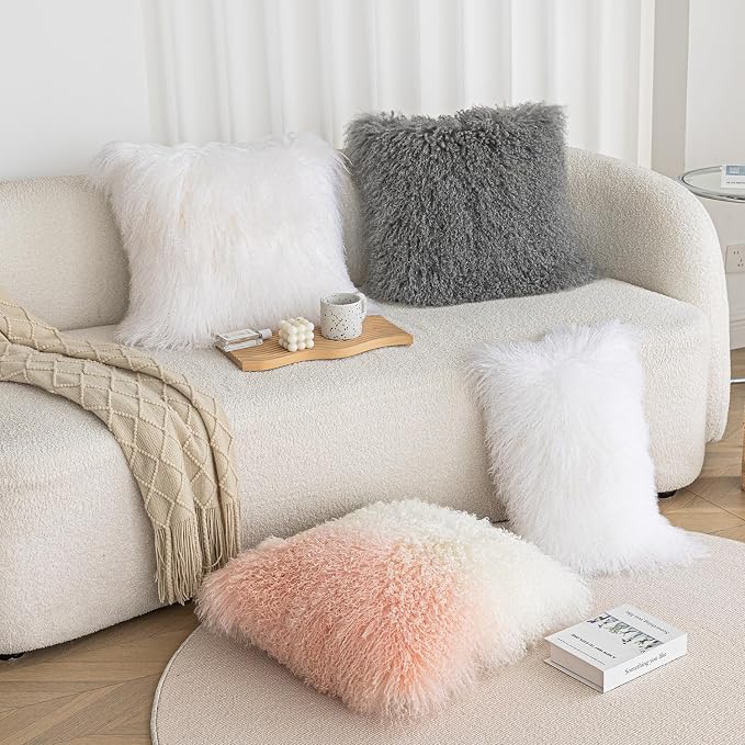Real 100% Tibetan Mongolian Lamb Sheepskin Wool Fur Throw Pillow Covers White 18x18 Inch, Super Soft Plush Leather Accent Pillowcase Decorative Cushion Cover for Living Room Bedroom