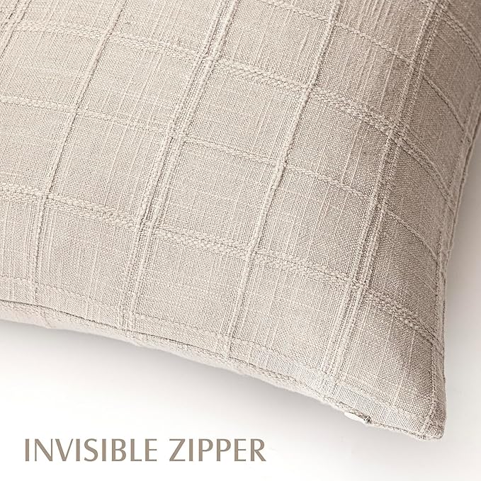 Foindtower Set of 2 Decorative Linen Check Throw Pillow Covers Neutral Farmhouse Vintage Cushion Covers Modern Boho Home Decor for Sofa Chair Couch Bedroom Living Room,24×24 Inch,Natural Linen