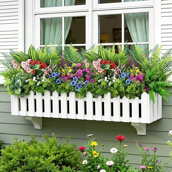 Alupssuc 48Pcs Artificial Flowers and Plants,UV Resistant & No Fade Fake Plastic Greenery Shrubs for Home Garden, Pathway, Front Porch-Spring Summer Decor, Indoor/Outdoor Use, Red Purple Pink Blue