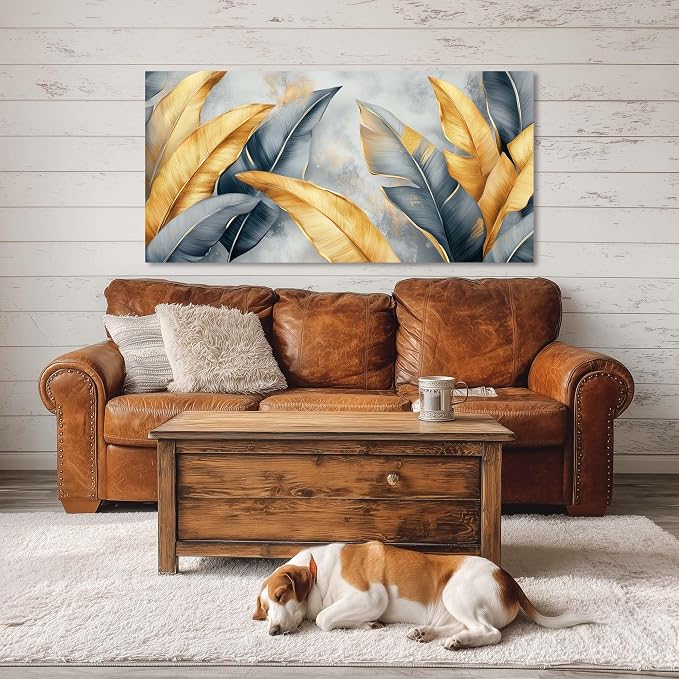 Ggaafet Gold Leaves Wall Art for Bedroom Canvas Painting Prints Botanical Boho Abstract Gray Leaf Art Deco Modern Artwork Office Family Dining Room Decor
