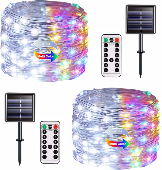 JMEXSUSS 2 Pack Solar Christmas Lights Outdoor Waterproof, 100 LED 33ft White and Multicolor Color Changing Solar Fairy Lights, Copper Wire Solar String Lights for Outside Yard Christmas Decorations
