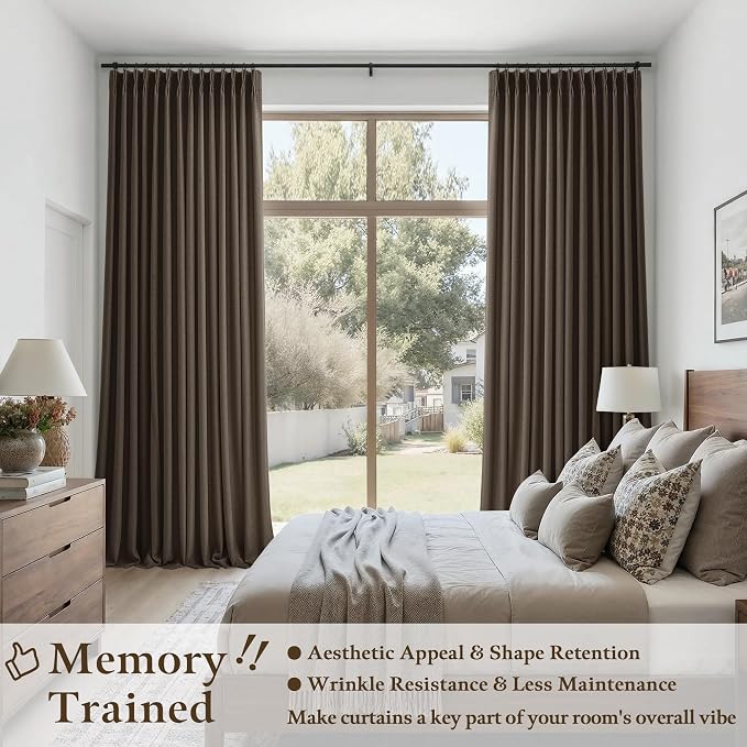 Pleated Linen Chocolate Brown Curtains 96 Inches Long 2 Panels for Living Room Bedroom Rustic Luxury Farmhouse Pinch Pleat Back Tab Track System Semi Sheer Ceiling Floor 96 Inch Curtain Drapes