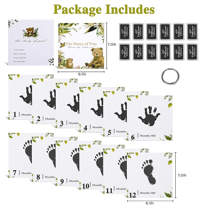 Keepsake Baby Memory Book for Boys and Girls, 1–12 Months Baby Hand and Footprint Kit, Timeless First Year Baby Book to Record Every Event, Newborn Baby Gifts for Mom/Parents (Card, Black)