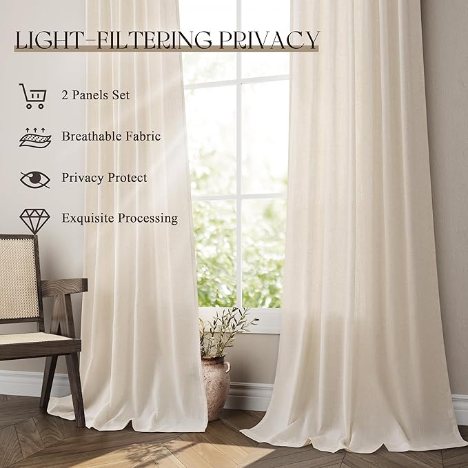 Jowels Cream Linen Curtains 80 Inch Long 2 Panels for Living Room | Beige Flax Light Filtering Sheer Curtain,Back Tab Pocket Pleated Look,Farmhouse Textured Privacy Drapes for Bedroom Window