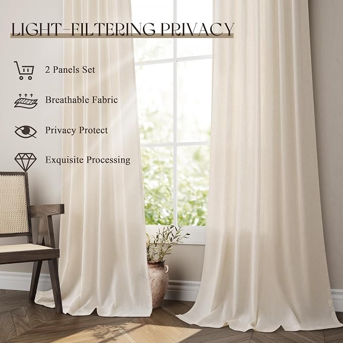 Jowels Cream Linen Curtains 86 Inch Long 2 Panels for Living Room | Beige Flax Light Filtering Sheer Curtain,Back Tab Pocket Pleated Look,Farmhouse Textured Privacy Drapes for Bedroom Window