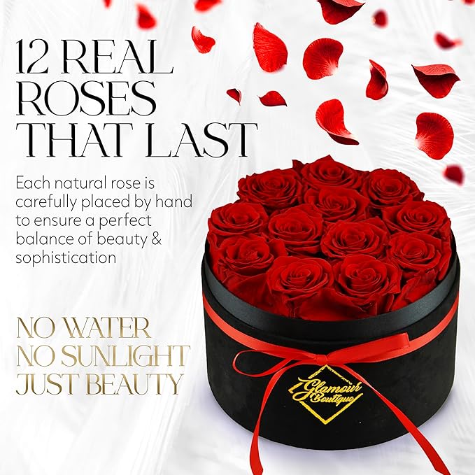 GLAMOUR BOUTIQUE Flowers Forever Gift Box, 12 Real Preserved Roses in Velvet Black Box, Floral Gift for Her, Mom or Wife for Birthday, Mother’s Day, Anniversary or Graduation, Red (Color-Treated)