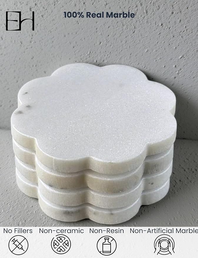 Marble Coasters Set of 4, Handcrafted Drink Protectors, Natural Stone Coaster Bar & Table Decor, Modern Desk Aesthetic Accessories, Non-Slip Luxury Gift (Marble White Round Scalloped)