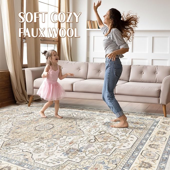 8x10 Area Rugs Living Room: Washable Boho Large Neutral Vintage Soft Rug Stain Resistant Farmhouse Non-Slip Indoor Floor Carpet for Bedroom Nursery Kids Playroom Office Dining Room- Sand Blue