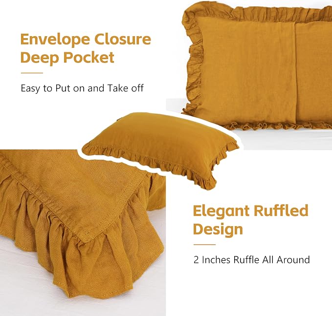 Linen Ruffled Pillow Cases,100% French Natural Linen Pillowcase Set of 2,Decorative Boho Pillow Cases Ruffle Bedding King Size (20''x40''),Yellow