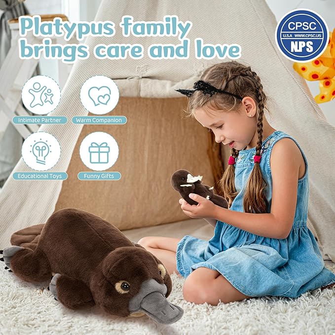MorisMos 22inch 4Pcs Giant Platypus Plush, Mommy Platypus Stuffed Animals with 3 Baby, Large Realistic Plush Gifts Kids Boys Girls, Brown