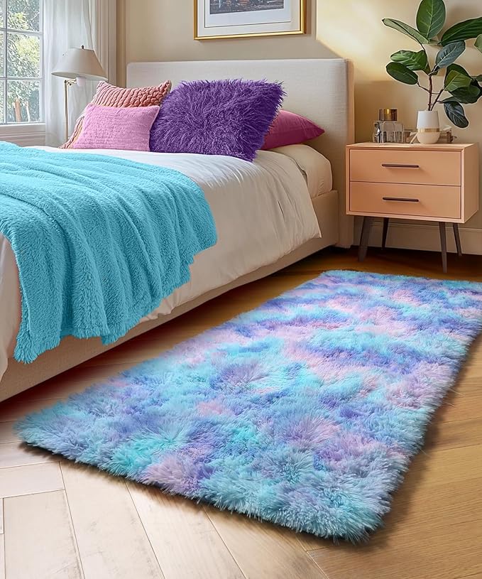 PAGISOFE Adorable Furry Rainbow Rugs for Bedroom Girls, 2x4 Soft Purple Shag Tent Rugs for Livingroom, Bedside, Kids Room, Nursery, Home Decor, Fluffy Fuzzy Carpet Plush Mermaid Kawaii Throw Pink Rug