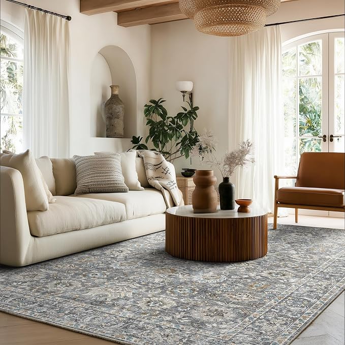 Washable Rugs for Living Room: 5x7 Area Rugs for Bedroom Ultra Soft Non-Slip Stain Resistant Vintage Boho Large Carpet for High-Traffic Dining Room - Farmhouse Decor