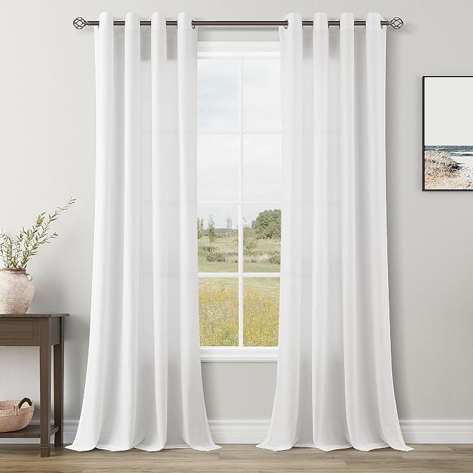 White Linen Curtains 92 Inches Long for Living Room Bedroom Light Filtering Privacy Sheer Curtain Modern Elegant Coastal Decor Thick Cotton Textured Grommet Gauze Window Drapes 2 Panels Set,52x92