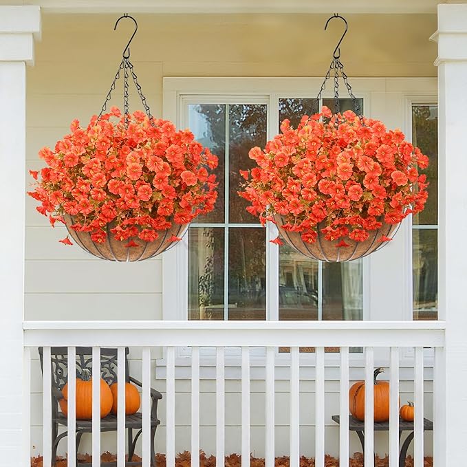 MARTINE MALL Artificial Fall Flowers for Outdoors, 12 Bundles Faux Fall Flower for Outdoor Planters, UV Resistant Fall Flowers Artificial for Outdoors Fake Autumn Petunias for Front Porch (Orange)