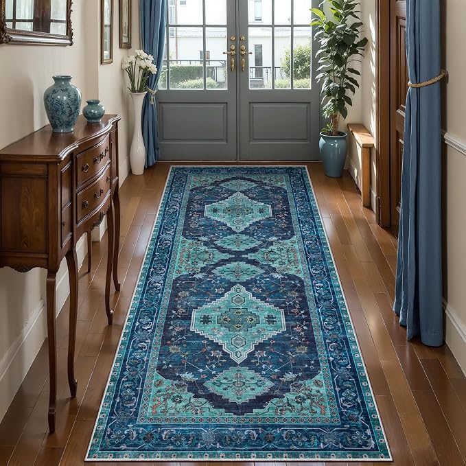 Tangsoo Vintage Teal 2X6 Washable Runner Rug for Hallways, Non Slip Hallway Rugs, Oriental Soft Low Pile Long Rug Carpet Runners for Kitchen Bedroom Entryway Bathroom Living Room Home Decor
