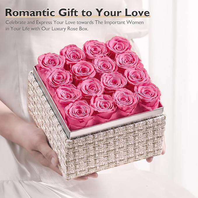 Eterfield Forever Flowers Preserved Roses Real Roses that Last Over a Year Rose Box Gifts for Her Mothers Day Valentines Day Christmas (Square Gold White Plaid Box, 16 Pink Roses)