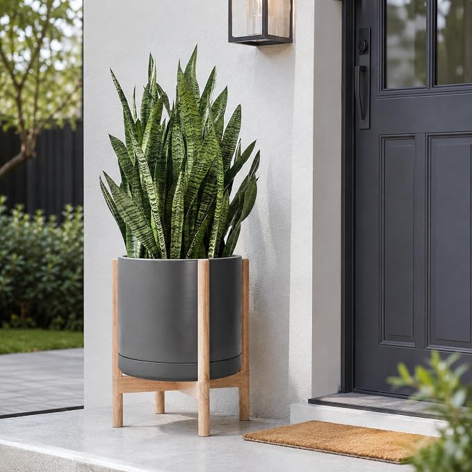 D'vine Dev Ceramic Planter with Natural Stand - 14 Inch Modern Round Flower Pot with Wood Planter Holder, Grey, 55-B-R-3