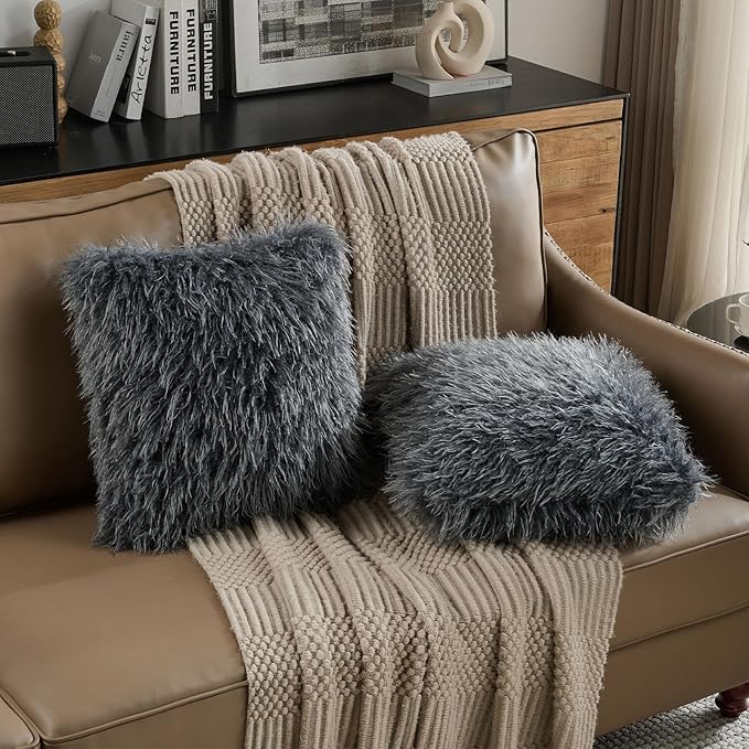 FUTEI Pack of 2 Shaggy Mongolian Faux Wool Throw Pillow Covers 18x18 Inch Soft Decorative Cushion Case for Couch Bed Living Room, Dark Grey