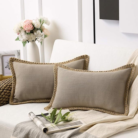 Phantoscope Pack of 2 Farmhouse Decorative Throw Decorative Pillow Cover Burlap Linen Trimmed Tailored Edges Beige, Plain, 12 x 20 inches, 30 x 50 cm