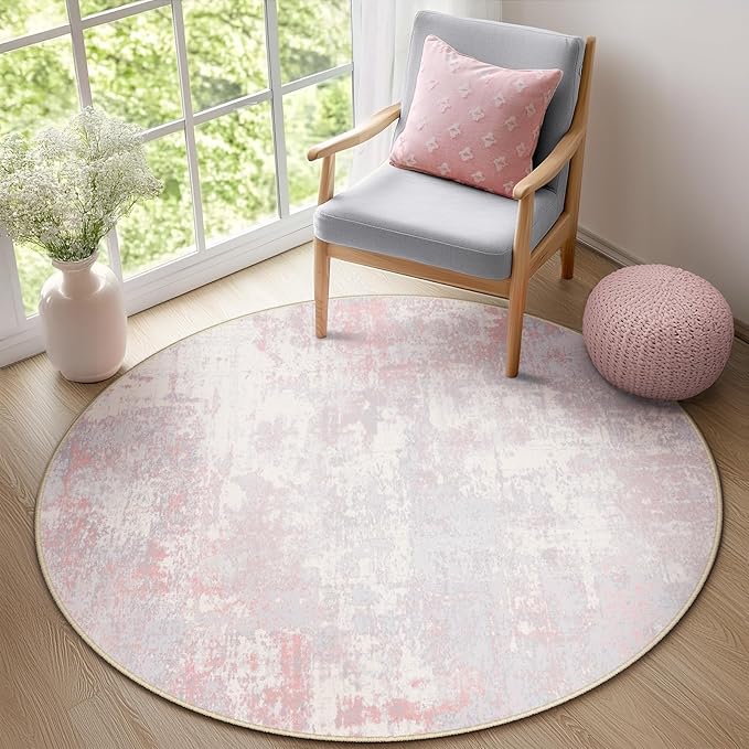 RELEANY Washable Area Rugs 4ft Non-Slip Modern Abstract Soft for Living Room Entryway Bedroom Nursery, Print Pattern, Grey Pink
