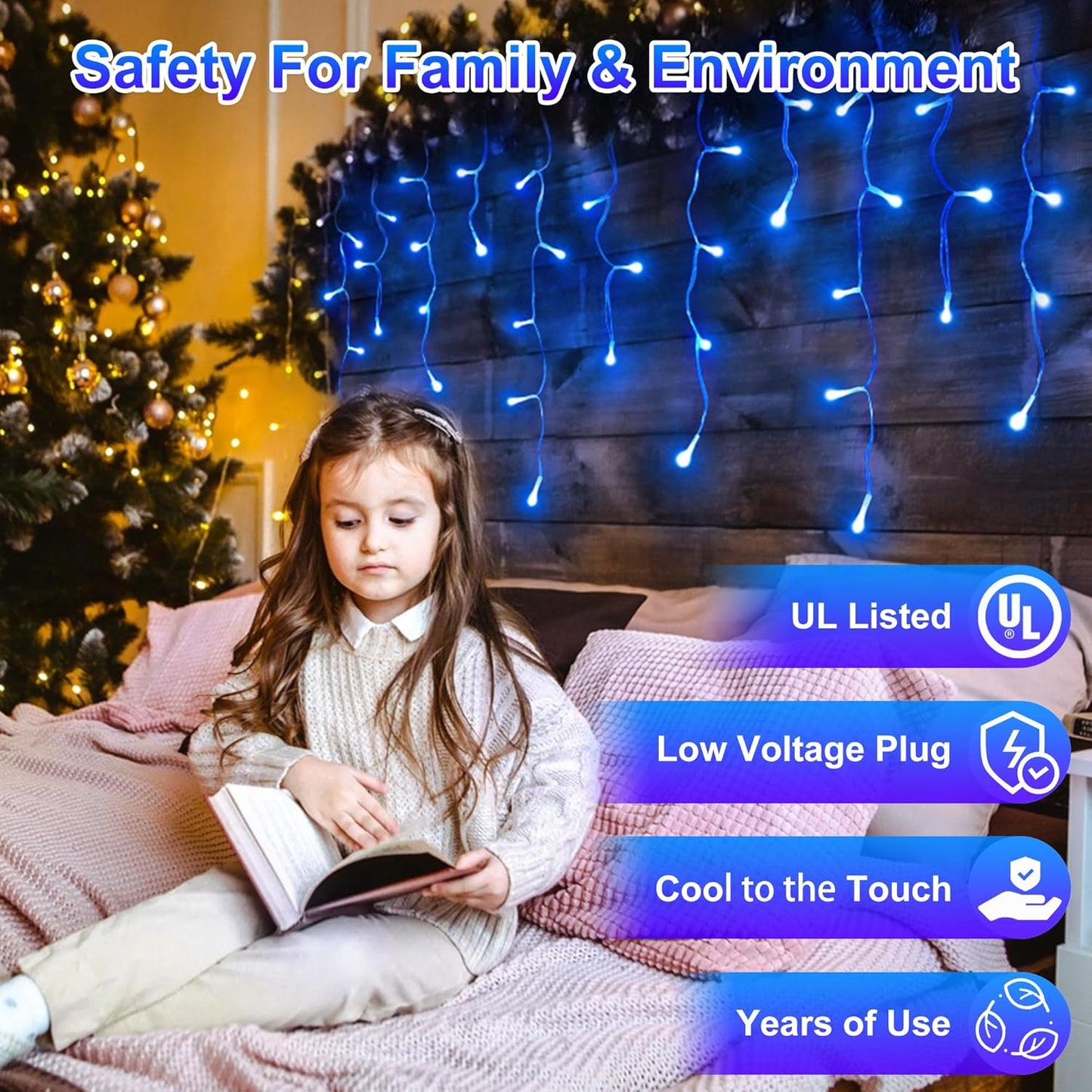 504LED 50ft Christmas Lights, 112Drops 12 Modes Blue Christmas String Lights Outdoor Dimmable, Waterproof Christmas Decoration Fairy Lights with Timer for Eaves Indoor Party Patio Window Fence Blue