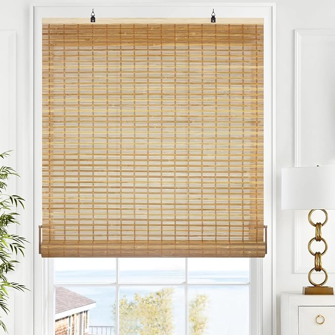 LazBlinds Cordless Bamboo Blinds, Custom Size, Squirrel | Bamboo Roll Up Shades for Windows, Light Filtering Hanging Window Blinds, Bamboo Shades for Patio Indoor/Outdoor Porch