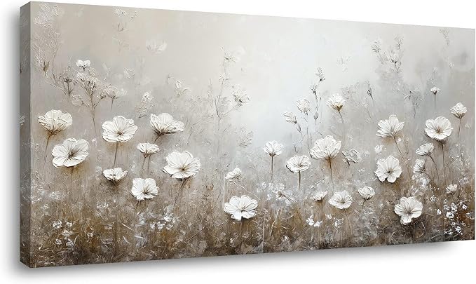 Ggaafet White Floral Wall Art for Living Room Canvas Oil Painting Prints Flower Landscape Scenic Nature Art Deco Retro Rustic Artwork Office Bedroom Farmhouse Room Decor Extra Large