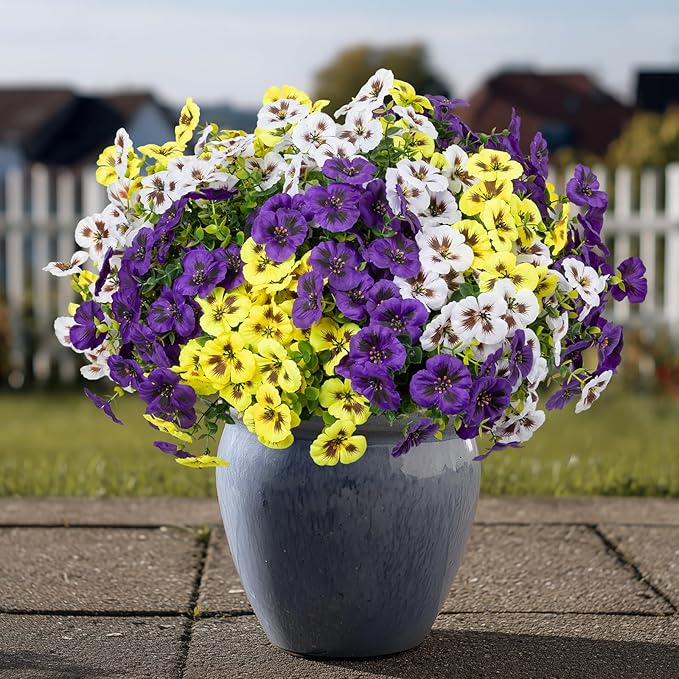 24 Pcs Artificial Fake Pansy Flowers for Outdoor,Faux Silk Plants Flowers UV Resistant Pansies Spring Flowers for Planter Front Door Porch Yard Patio Garden Window Box Home Decor(3 Color)