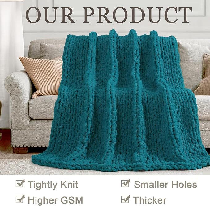 Chunky Knit Throw Blanket 60x80, 100% Handmade Chenille Yarn | 6.7lbs Soft Thick Cable Knitted Blankets, Large Rope Knot Crochet Throws for Couch Sofa Bed Machine Washable, Teal