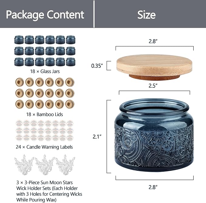 4 oz Purple Sun Moon Stars Candle Jars with Bamboo Lids, 18 Pack | Patented Embossed Design, Includes Wick Centering Devices & Warning Labels, Multiple Color Options