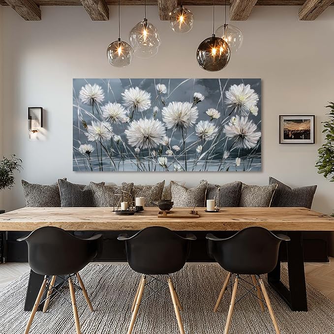 Ggaafet White Dandelion Wall Art for Living Room Canvas Oil Painting Prints Beautiful Flower Floral Blooming Art Deco Modern Artwork Office Bedroom Family Dining Room Decor Extra Large