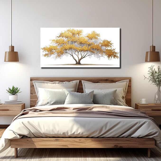 AOZEMI Yellow Wall Art for Living Room Tree Pictures Wall Decor White Canvas Artwork Art Bedroom Bathroom Office Large Modern 24"x 48"