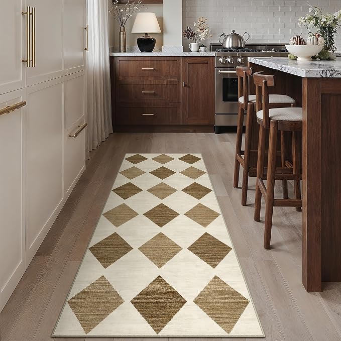 PureCozy 2x8 Runner Checkered Rug for Hallways Brown Washable Long Carpet Non-Slip Low Pile Boho Indoor Accent Throw Rug for Entrance Kitchen Bedroom Dining Laundry