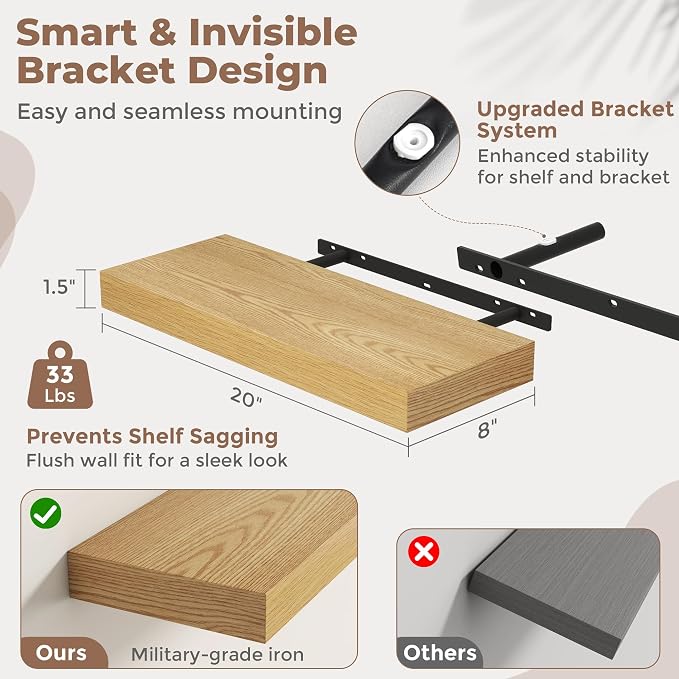 20 Inch Floating Shelves for Wall, 8"D Wood Storage Shelves, Oak Finish | Engineered Wood, Invisible Bracket, Large Storage, Easy Install, Hold Up to 33lbs, Living Room, Bathroom, Bedroom, Kitchen