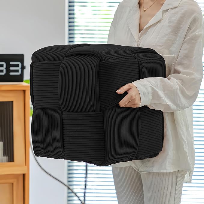 Cmishe 15" Square Woven Corduroy Ottoman Footrest - Modern Vanity Stool for Living Room & Entryway, Eco-Friendly Wood Frame, No Assembly (Black)