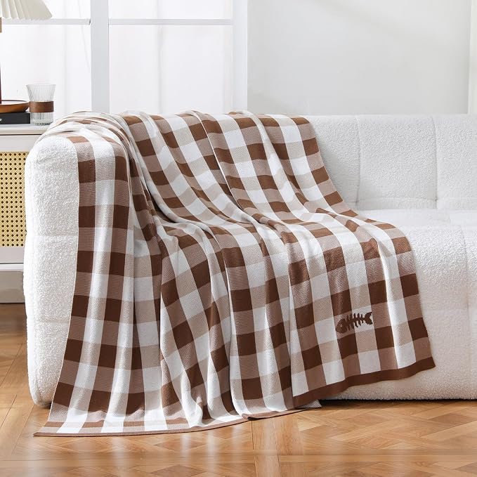 BOV Knit Checkered Throw Blanket - 100% Viscose Silky Super Soft Breathable Lightweight Decorative Throw Blanket for Year-Round Comfort, Perfect Self Care Gifts for Women & Men, Latte 50"x60"
