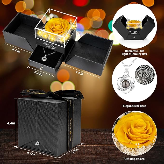 ENERLEAF Preserved Yellow Real Rose-Eternal Flowers Rose Gifts for Mom Grandma Wife Girlfriend on Mothers Day Birthday Valentines Christmas Anniversary Romantic Gifts for Her with I Love You Necklace
