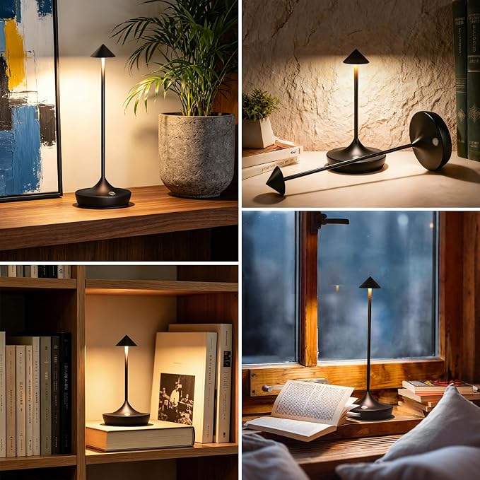 Rechargeable Cordless Table Lamp, Battery Operated LED Lamps | 3-Color Stepless Dimmable, Portable IP54 Waterproof Outdoor Lamps for Patio Dining Bar Home Office (1-Pack Black)