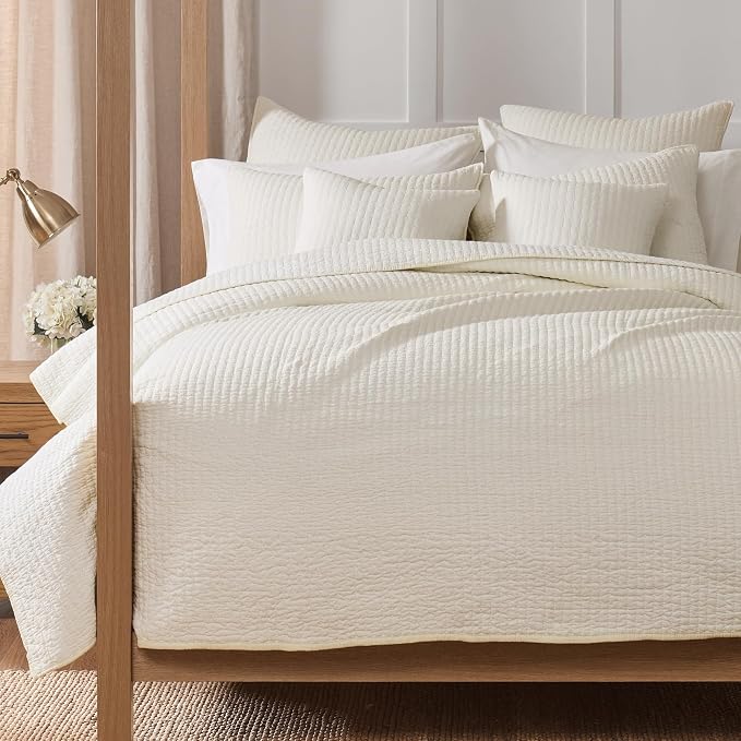 Levtex Home Cross Stitch Reversible Twin XL/Twin Quilt Set (68x86in) with 1 Pillow Sham (26x20in) - Stitch Texture - Cream - 100% Cotton Twin Size Quilt Bedding Set - Lightweight, Soft, Pre-Washed