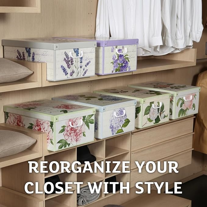 Lavatelli: Storage Box 6 Pack: Large - Grey Polka Dots - Lid & Handles, Decorative Cardboard Organizer, Stack, Home-Clothes-Linens, 19.7 x 15.4 x 9.4