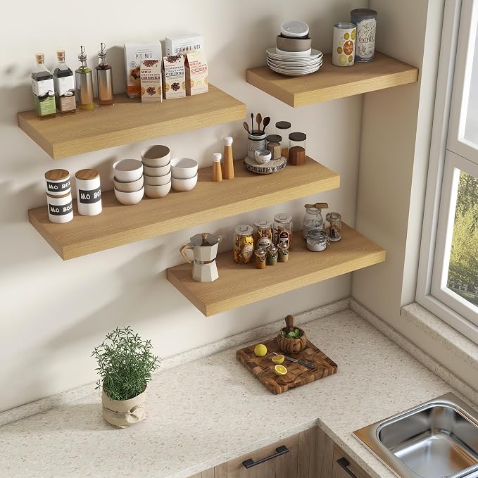 Vivelove 12 Inch Deep Floating Shelves 24 inch Long, 24 x 12 Wide Display Shelves with Invisible Brackets, Shelf for Bedroom Bathroom Living Room Office Home, Modern Shelf Set of 2, Oak