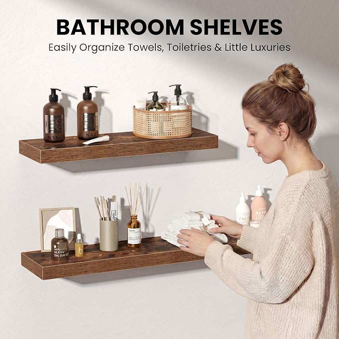 48" Floating Shelves for Wall, Set of 2, 8" Deep, 1.5" Thick, Brown | Rustic Wood Wall Shelves with Invisible Brackets, Storage and Display for Bathroom, Bedroom, Living Room or Kitchen
